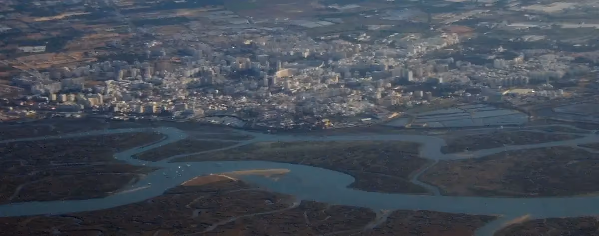 Faro and the Ria Formosa lagoon seen from the air