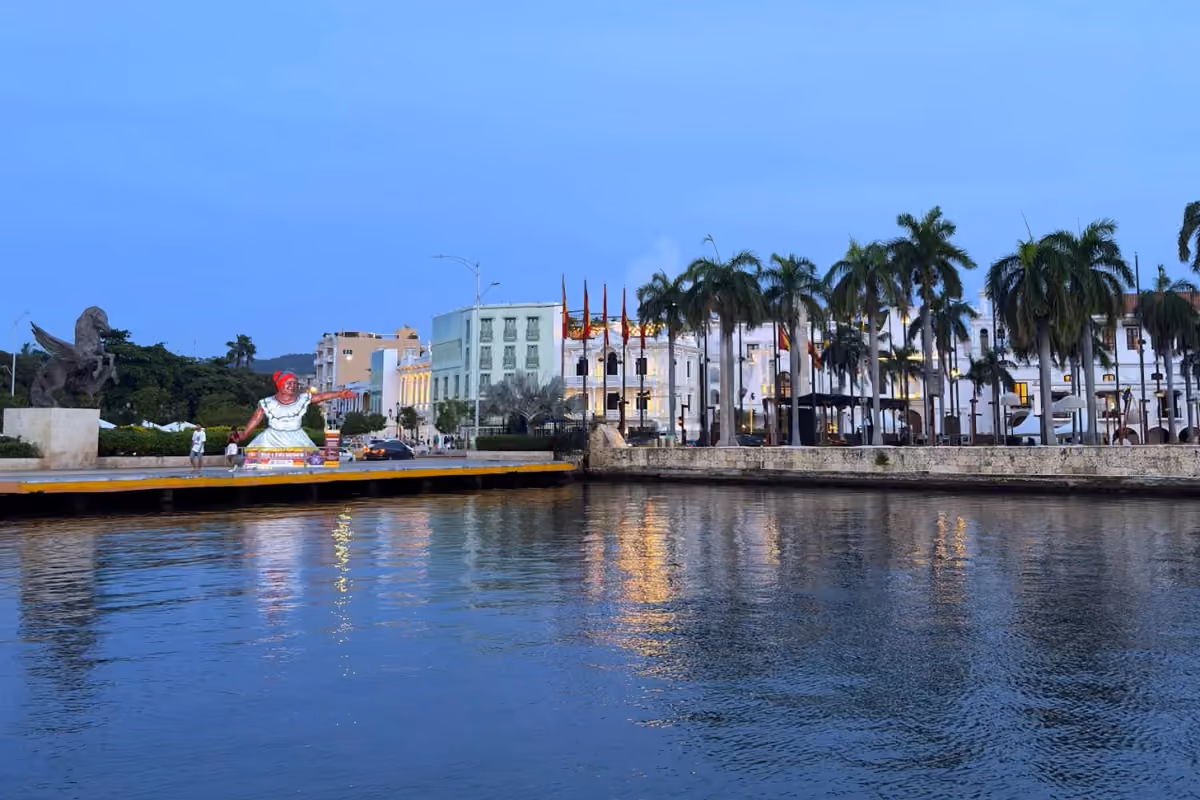 Palm trees and historic buildings along Cartagena’s waterfront