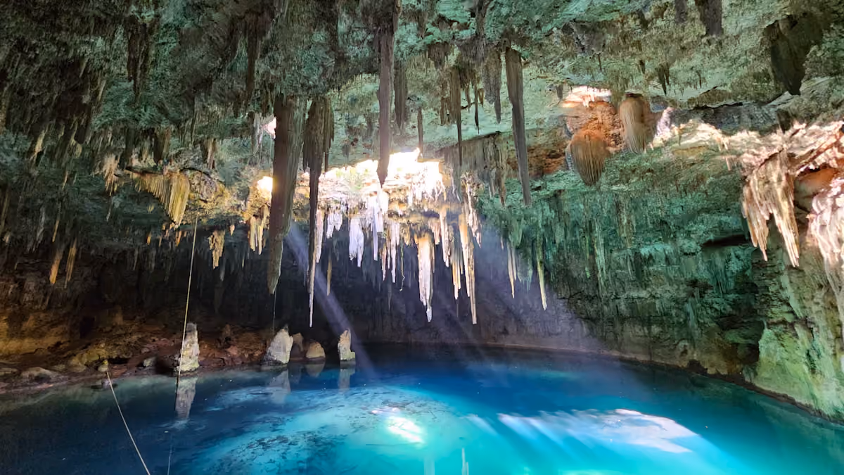 Blue water beneath a limestone cave ceiling in a Yucatán cenote