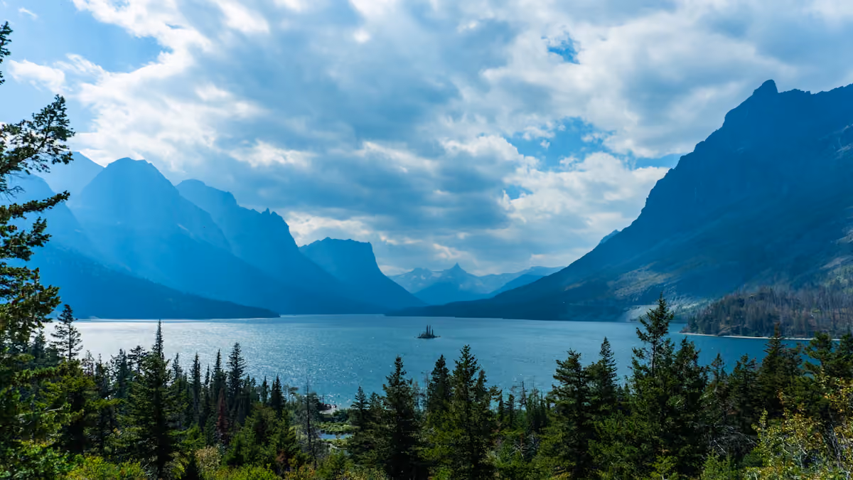Lake Josephine surrounded by mountains in Glacier National Park
