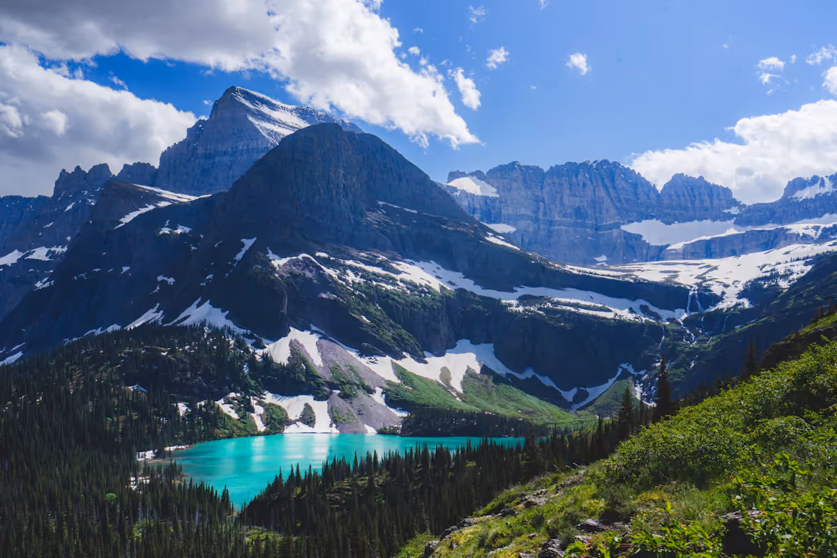 Mountain peaks and an alpine lake in Glacier National Park
