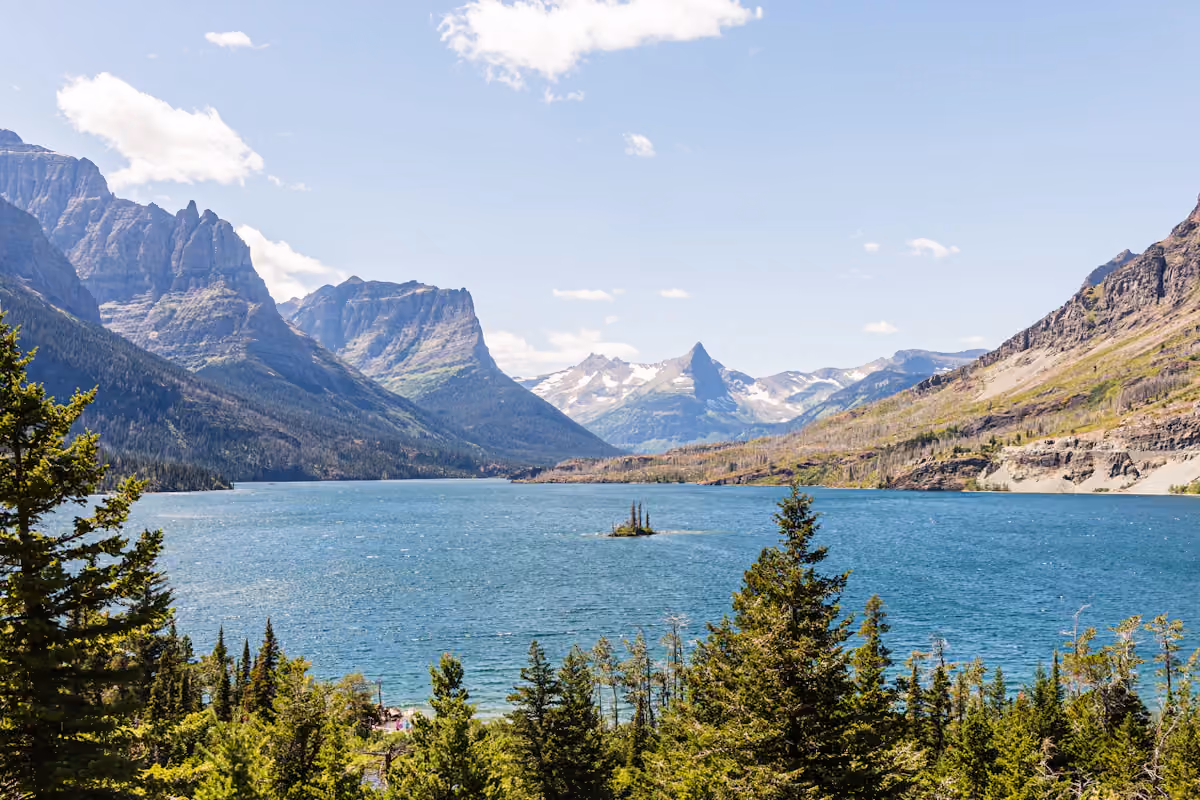 Mountain scenery surrounding a lake in Glacier National Park