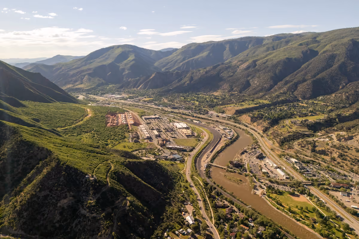 Aerial view of Glenwood Springs and the river valley