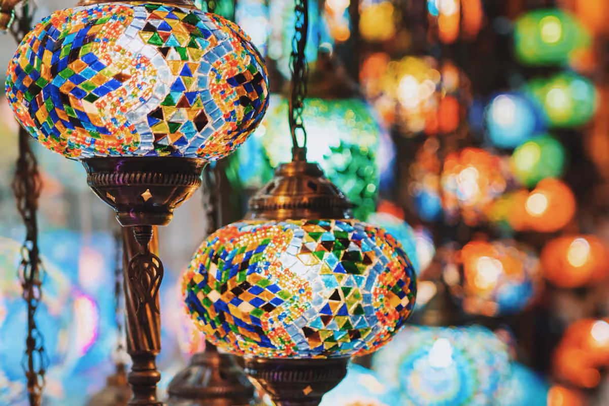 Colorful glass lamps displayed at a shop in Istanbul’s Grand Bazaar