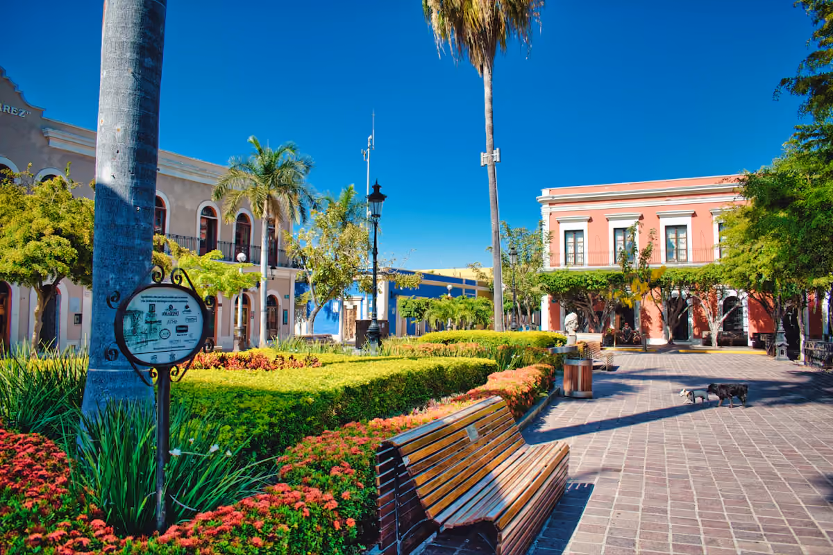Garden walkway and benches in central Mazatlán