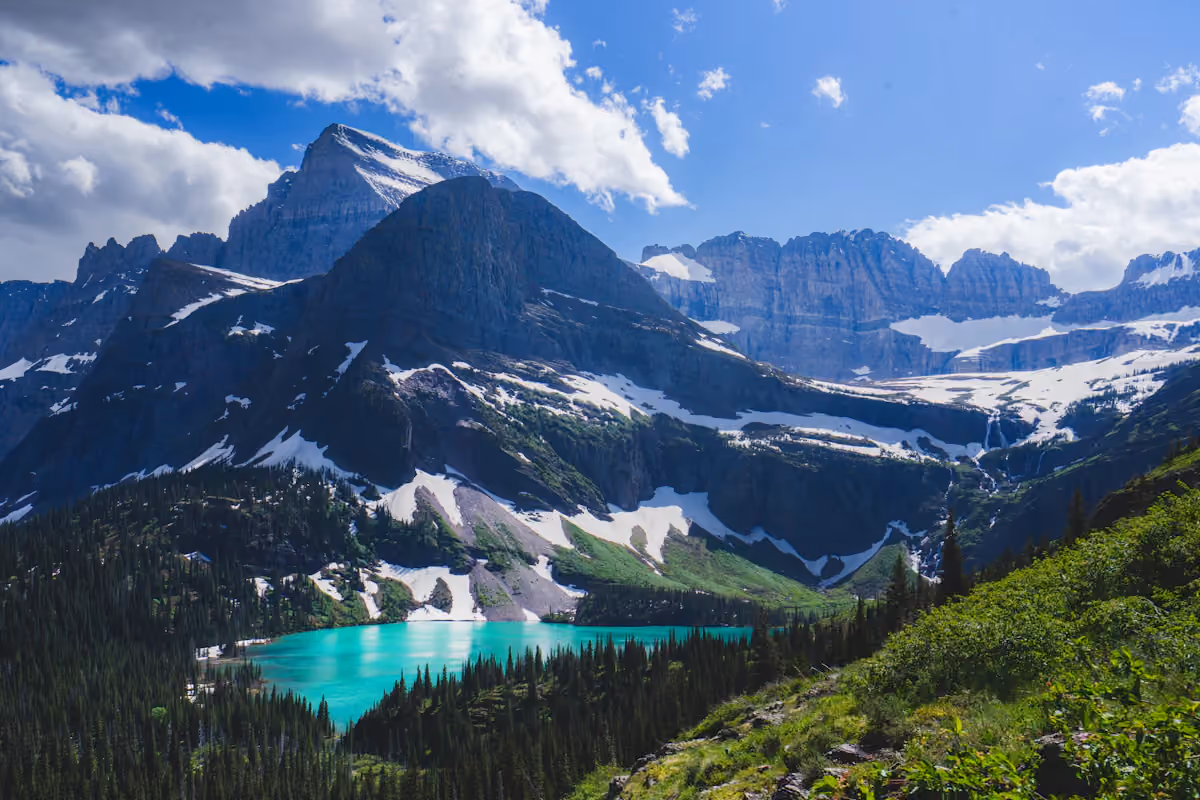 Mountain peaks and an alpine lake in Glacier National Park