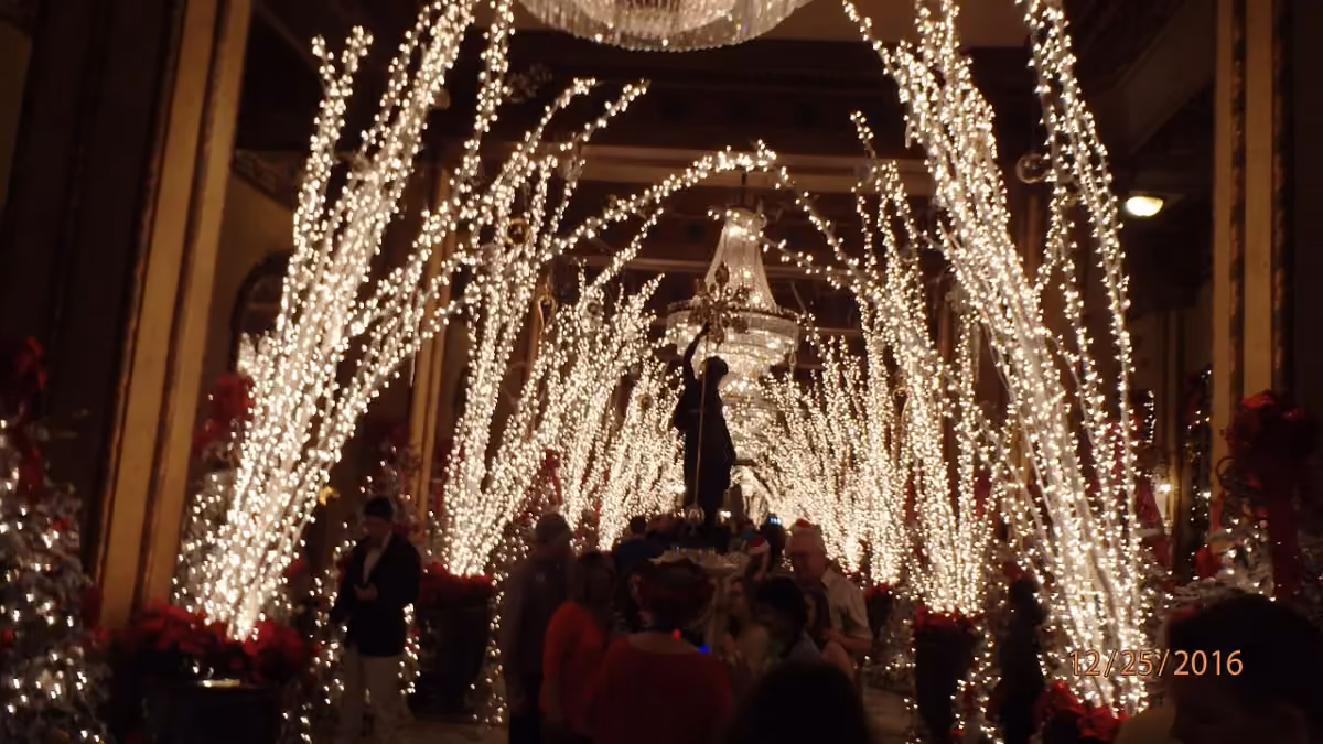 Holiday lights in the Roosevelt Hotel lobby in New Orleans, photographed in 2016