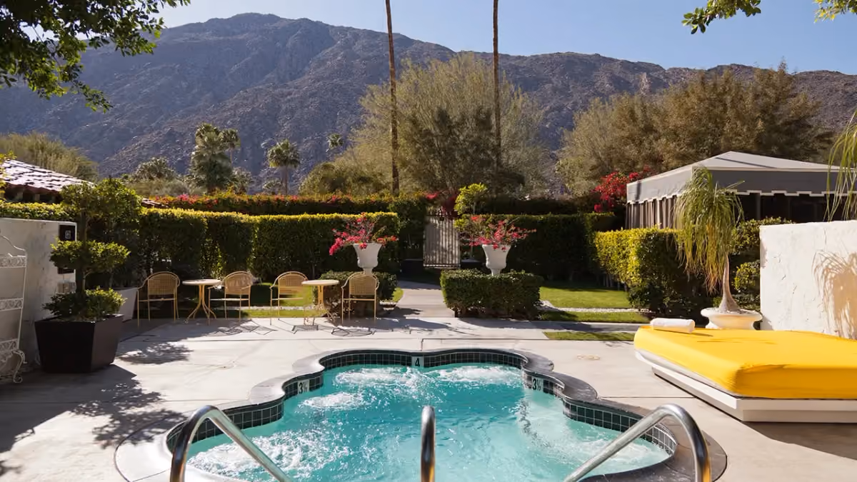 A swimming pool with the San Jacinto Mountains behind it in Palm Springs