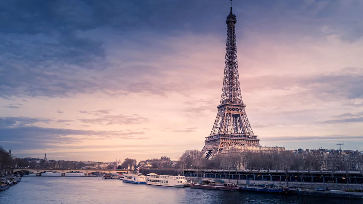 The Eiffel Tower above the rooftops of Paris