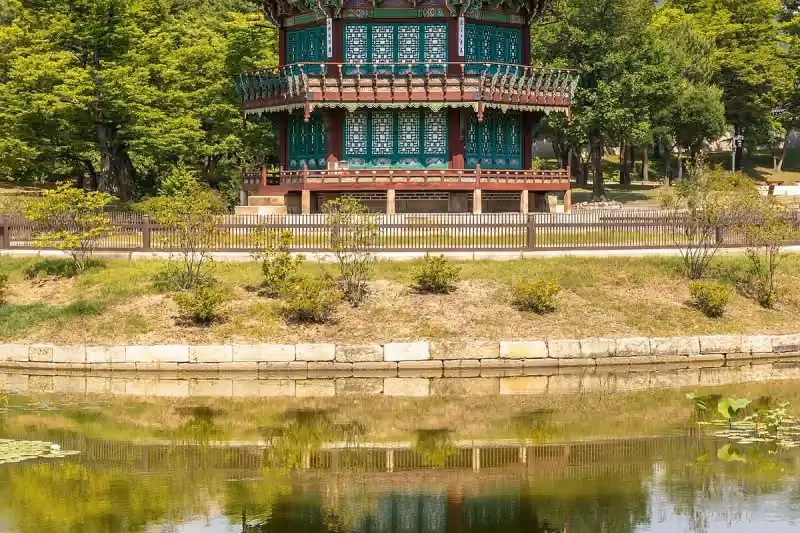 Hyangwonjeong Pavilion reflected in its pond at Gyeongbokgung Palace