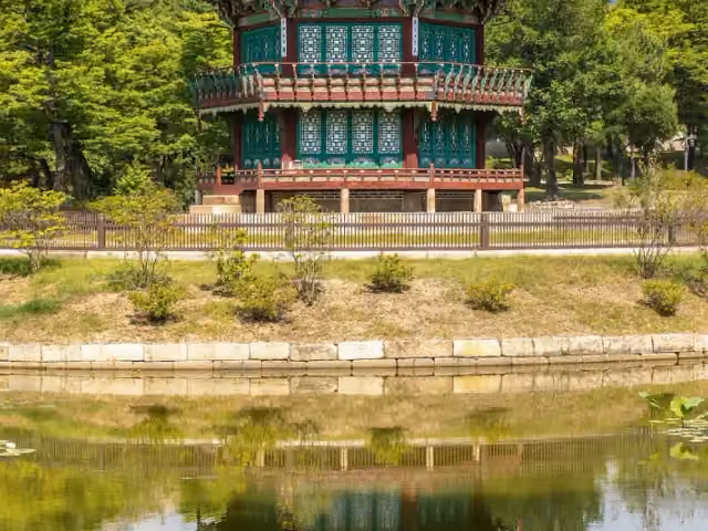 Hyangwonjeong Pavilion reflected in its pond at Gyeongbokgung Palace
