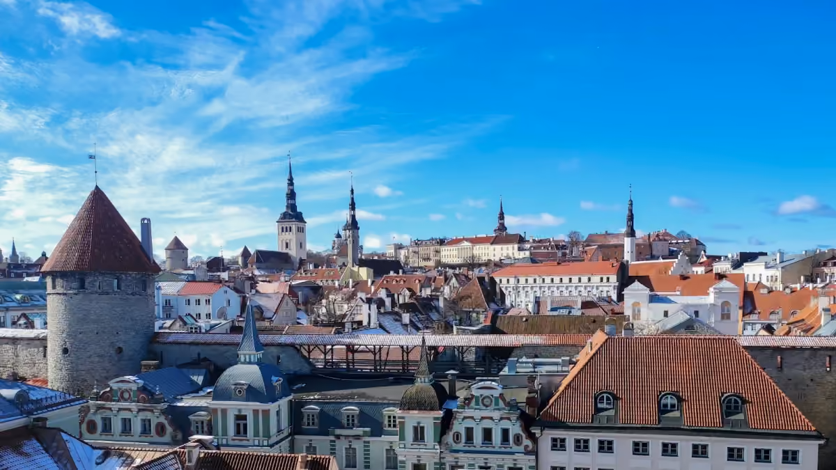 Snow-dusted rooftops and church towers in Tallinn’s Old Town