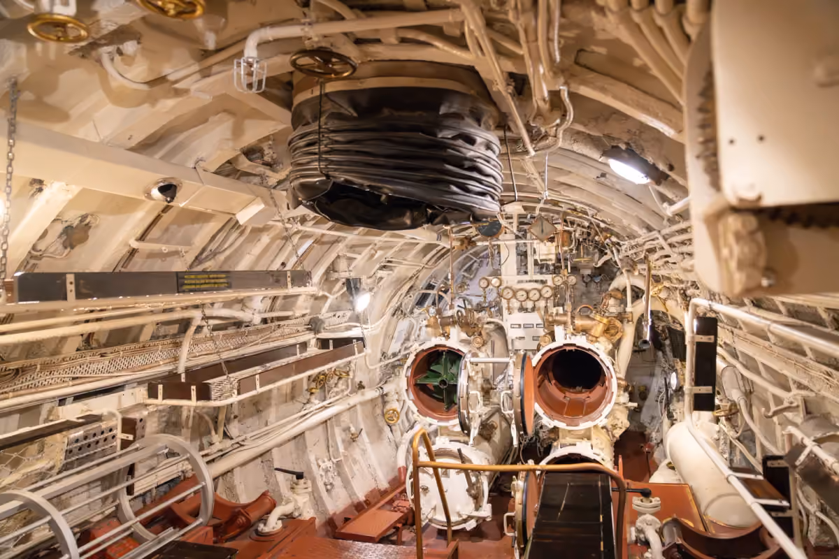 Torpedo-room equipment inside the submarine Lembit at Tallinn’s Seaplane Harbour