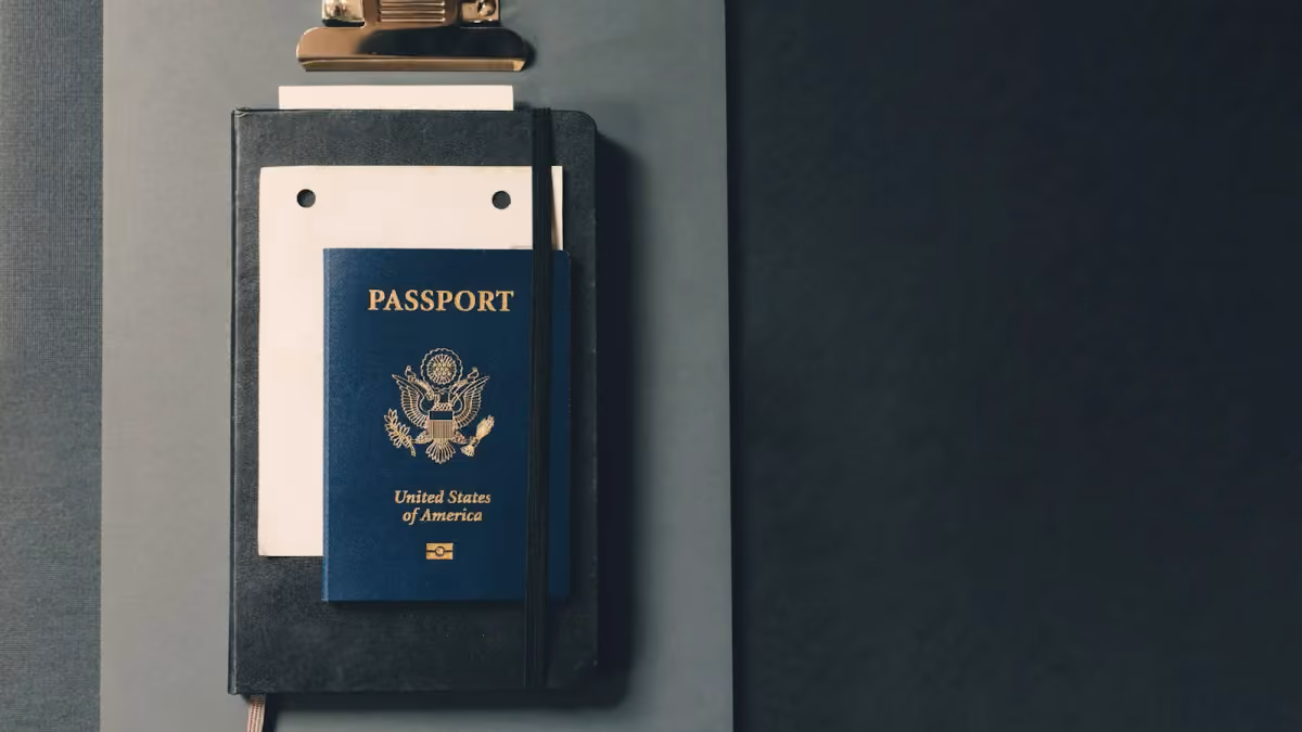 A closed passport on a clipboard with papers