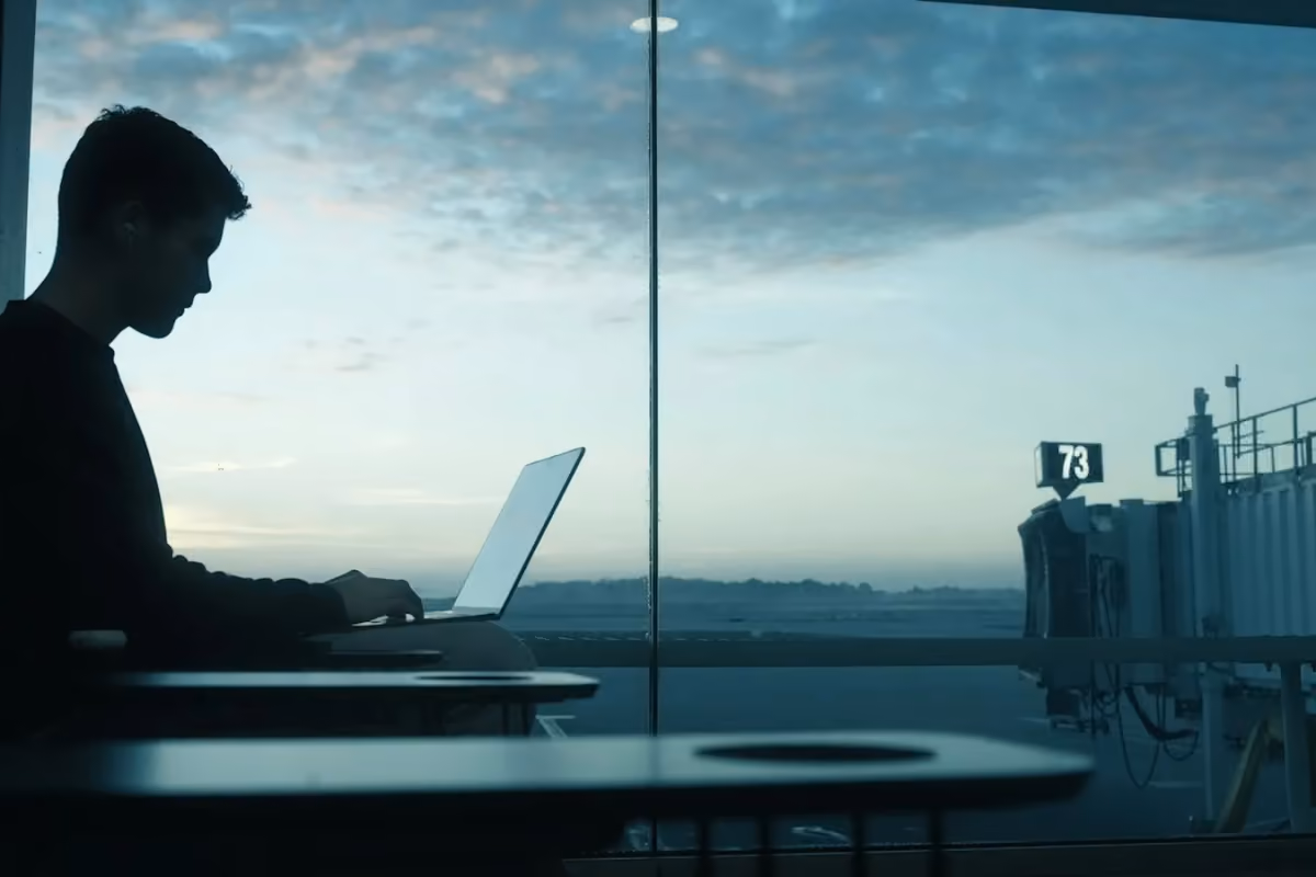 A traveler using a laptop beside an airport window